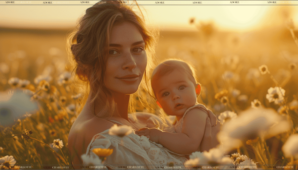 Beautiful mother and baby in a field of flowers at sunset