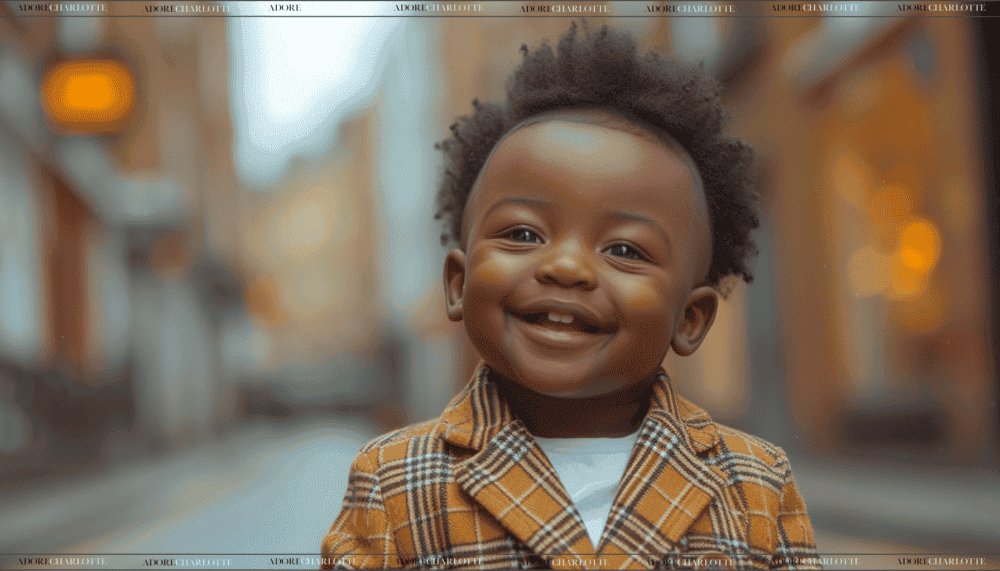 Middle Names for James cute black baby standing in an empty street smiling wearing yellow check jacket