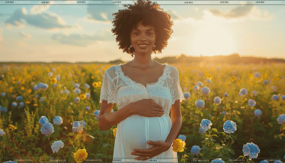 Stunning pregnant woman holding her belly wearing a white dress in a field of blue and yellow flowers at sunset