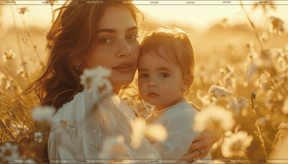 Beautiful mother and child in a field of flowers at sunset