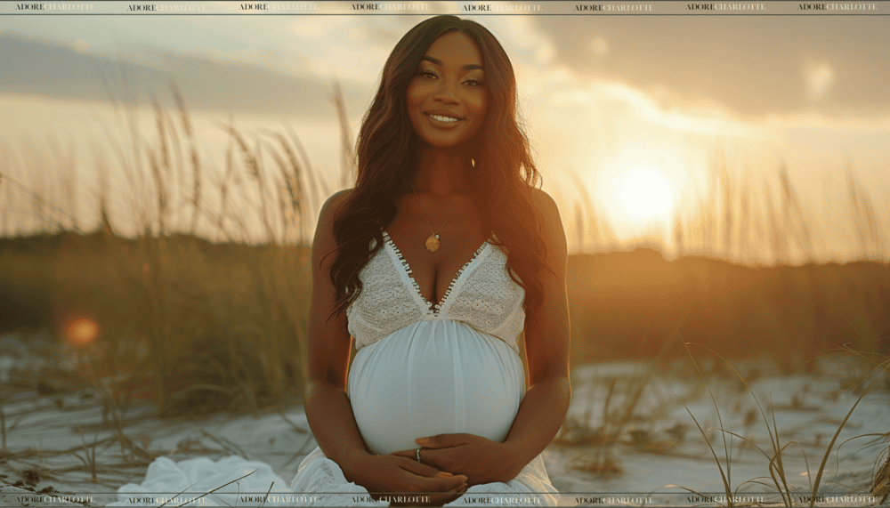 Beautiful pregnant black woman on a beach at sunset wearing a white dress