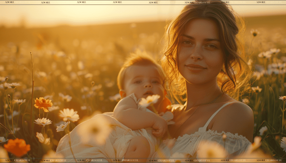 Beautiful mother holding her baby in a field of flowers at sunset