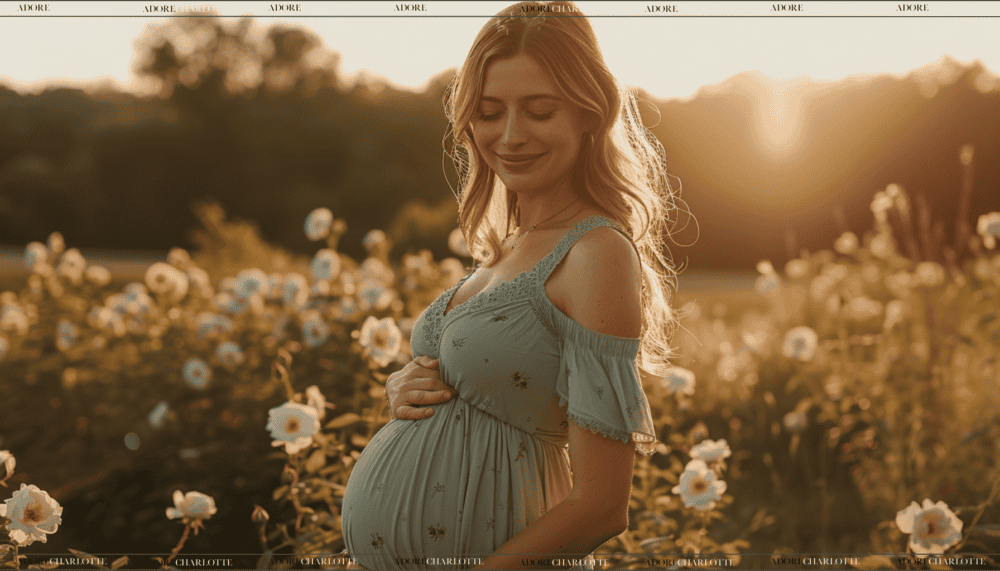 Stunning pregnant woman in a green dress in a field of wihte flowers at sunset