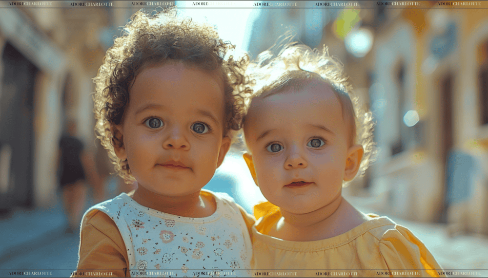 Adorable mixed babies babies on a cobble street