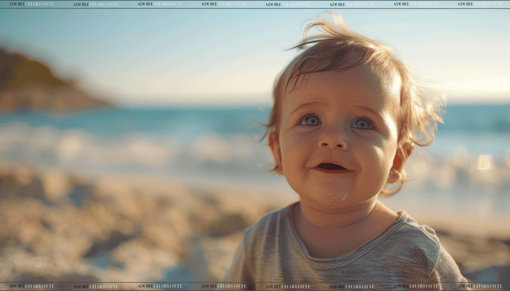 A Cute baby on a sunny beach at sunset wearing a grey tshirt.
