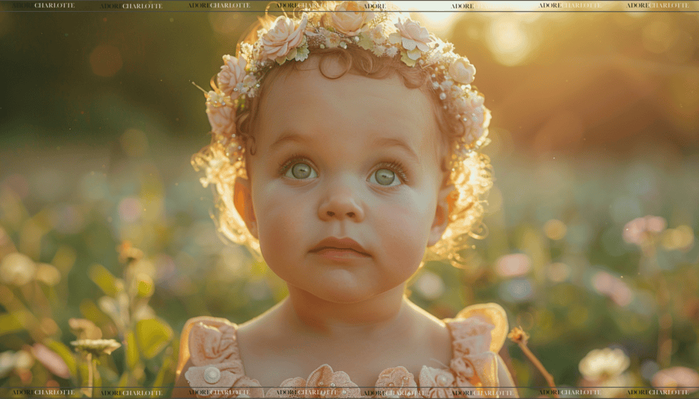 A beautiful toddler in a field of flowers at sunset.