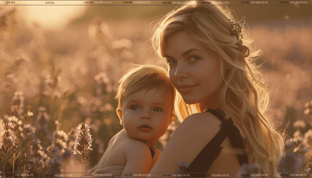 Middle Names for Isabella, a beautiful mother and baby in a field of flowers at sunset.