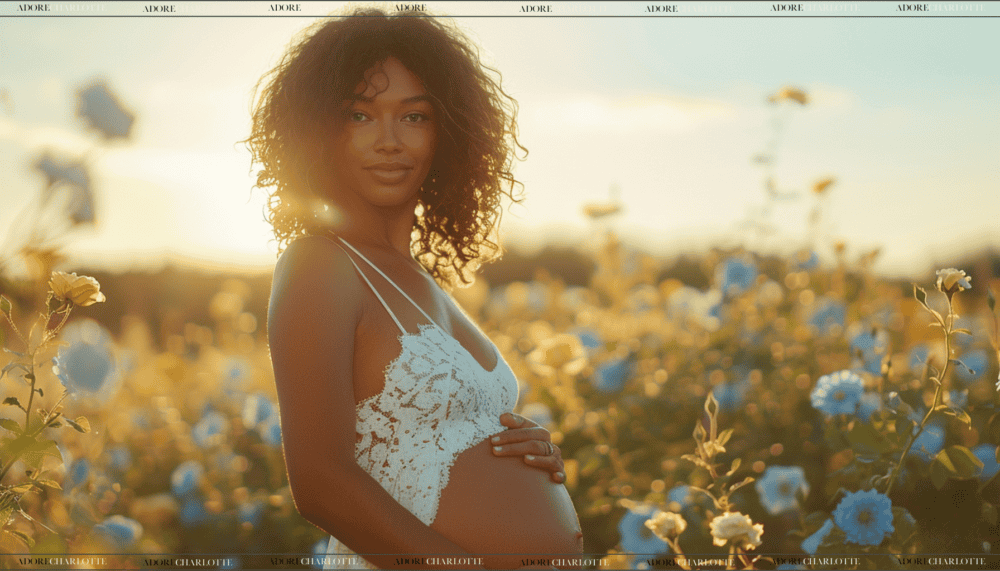 Middle Names for Isabella, a beautiful black pregnant woman in a field of blue and white flowers at sunset.