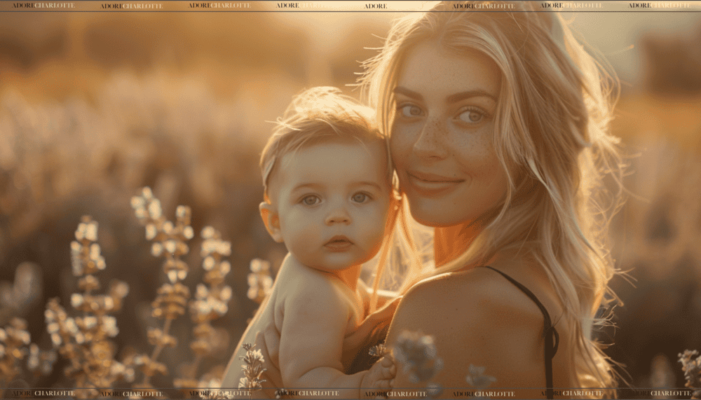 Middle Names for Liam beautiful blonde mother and baby in a field of flowers at sunset.