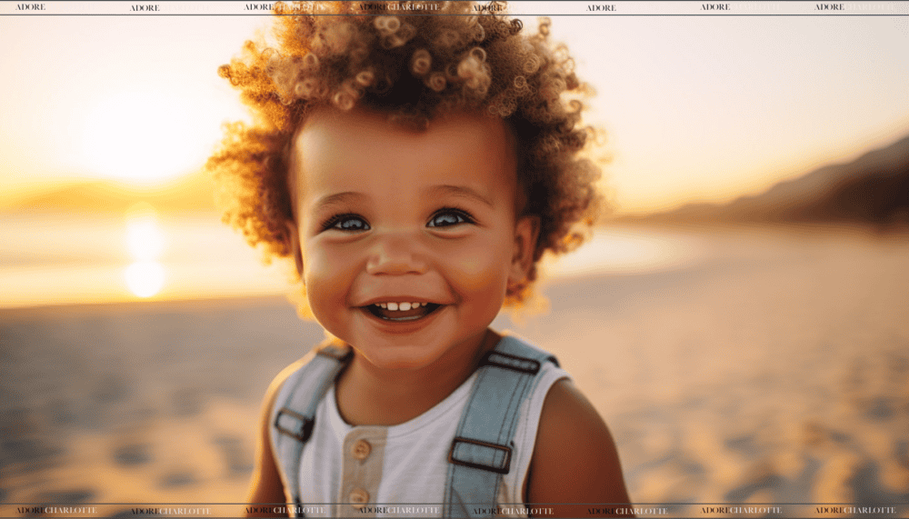 Mateo adorable toddler boy with curly brown and blonde hair on a beach at sunset.