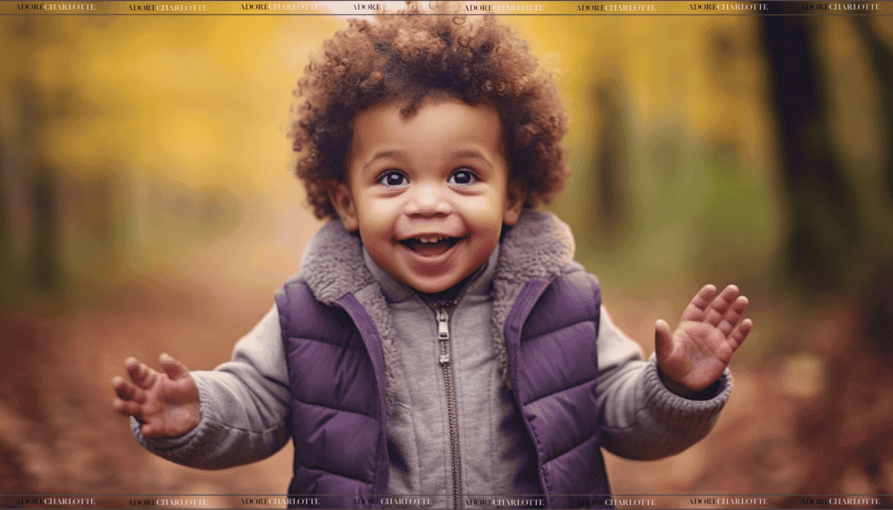 Mateo cute mixed race toddler in a forest wearing a purple Gillet.