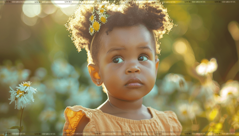 A beautiful black toddler in a field of flowers with daisy’s in her hair and an orange dress.
