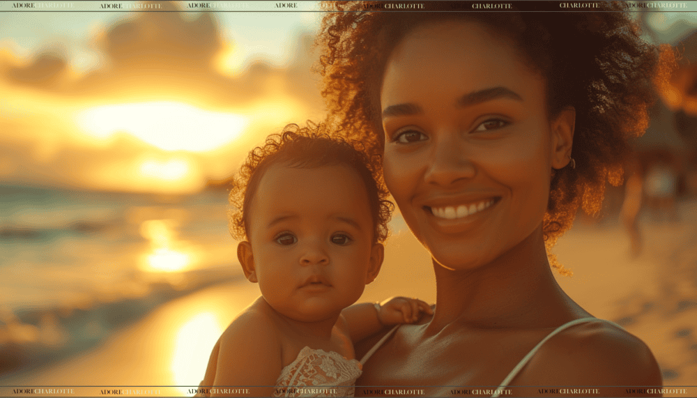A stunning mixed race mother and baby on a tropical beach at sunset.