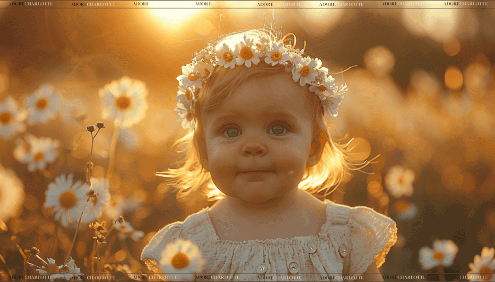 Cute baby in a field at sunset with a daisy chain hair band.