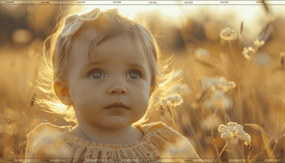 A beautiful little girl in the field of flowers at down with blonde hair and a yellow dress. Middle Names for Violet