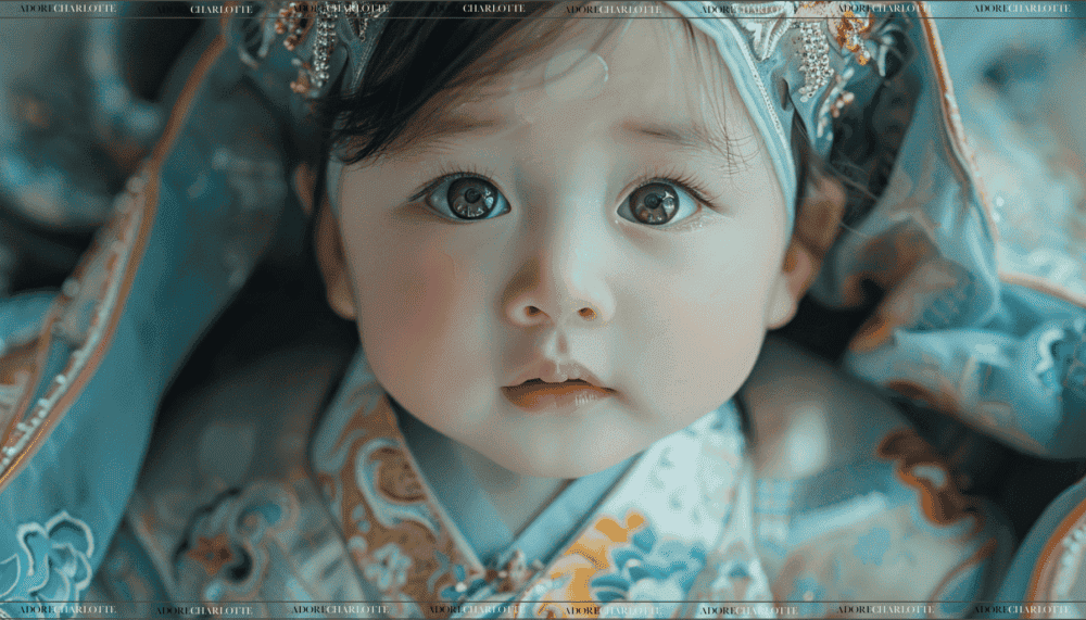 A beautiful little girl in the field of flowers at down with black hair and a authentic dress.