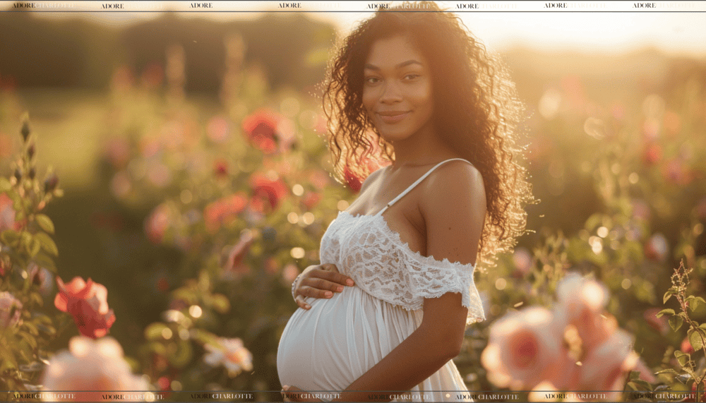 A beautiful black pregnant woman holding her belly in a field of red and pink roses at dusk,
