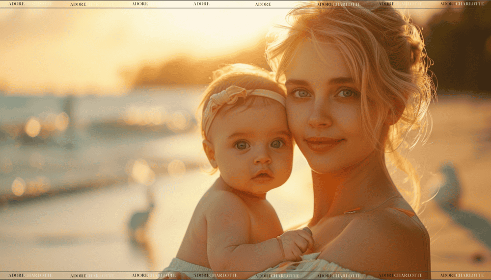 Middle Names for Violet. A beautiful little girl with her mother on a beach at sunset down with blonde hair and a cute little hair bow.