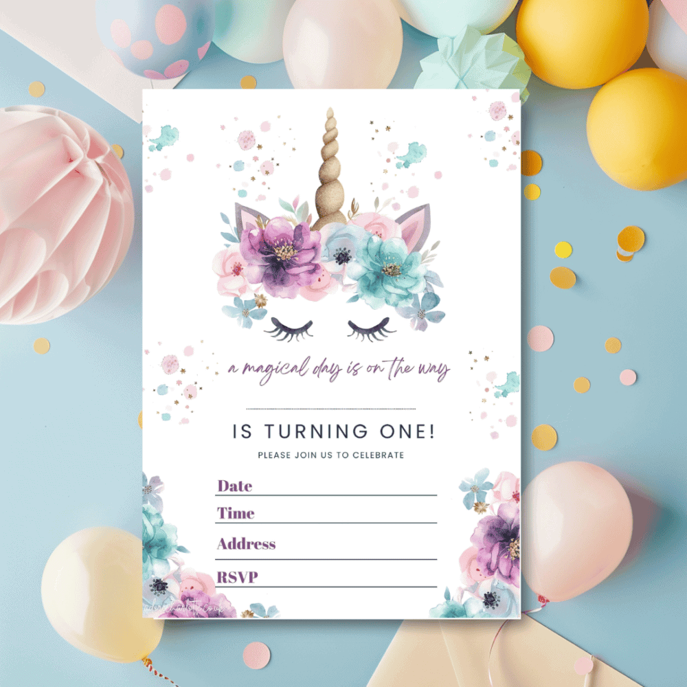 Unicorn Birthday Party Free invites.