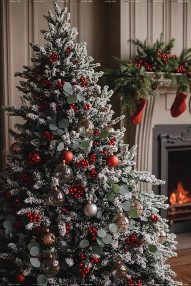 Glass Ornaments and Floral theme Flocked Fir Christmas Tree