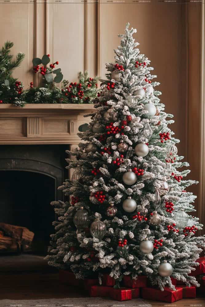 Glass Ornaments and Floral theme Flocked Fir Christmas Tree