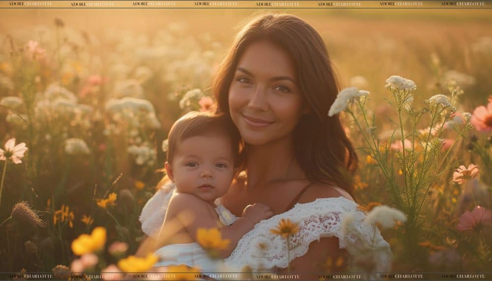 Woman and newborn in a field of flowers.