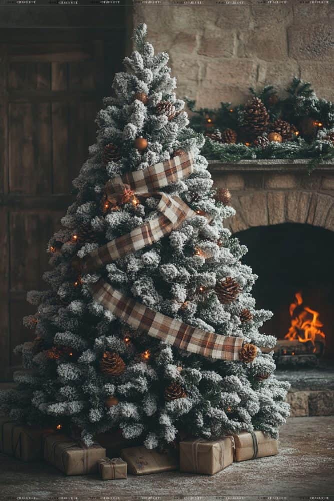 Plaid and Burlap Theme Flocked Fir Christmas Tree