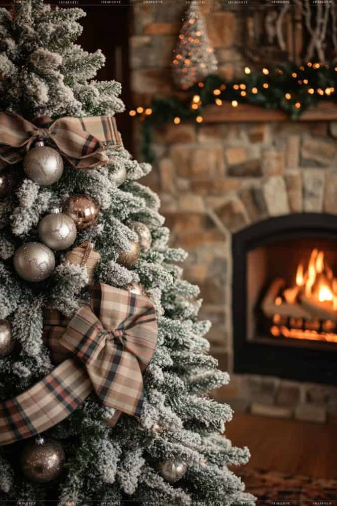 Plaid and Burlap Theme Flocked Fir Christmas Tree