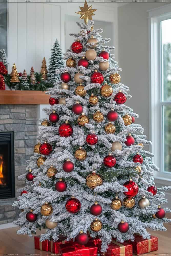 Red and Gold Theme Flocked Fir Christmas Tree