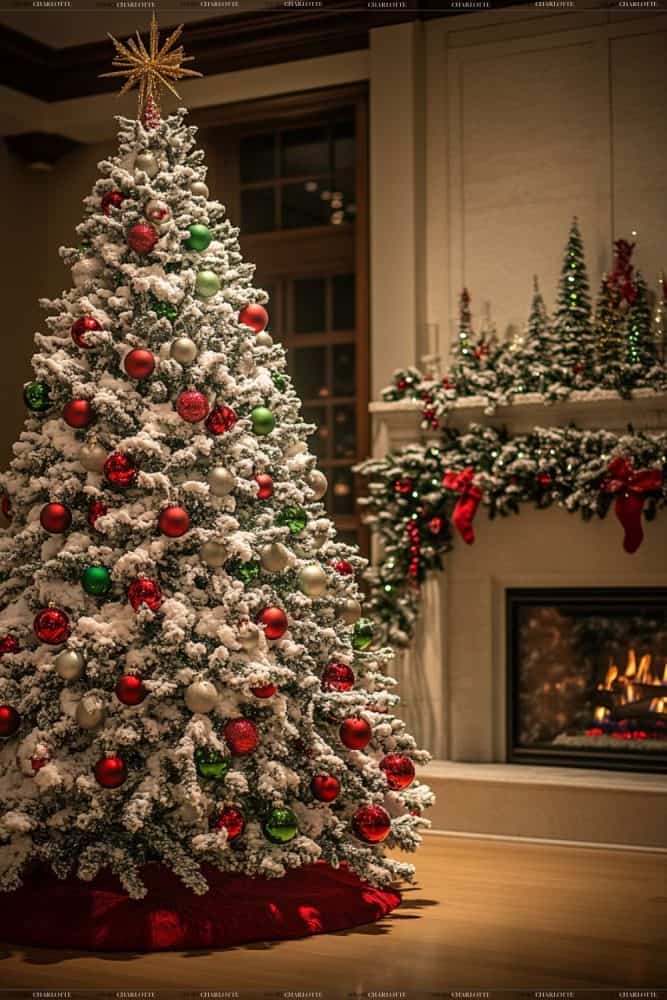 Traditional Green and Red Theme Flocked Fir Christmas Tree