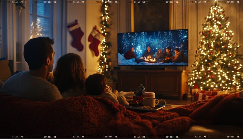 Christmas Movies to Watch A family watching a movie together in a festive living room.