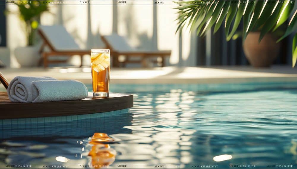 A clean pool with a drink and towels