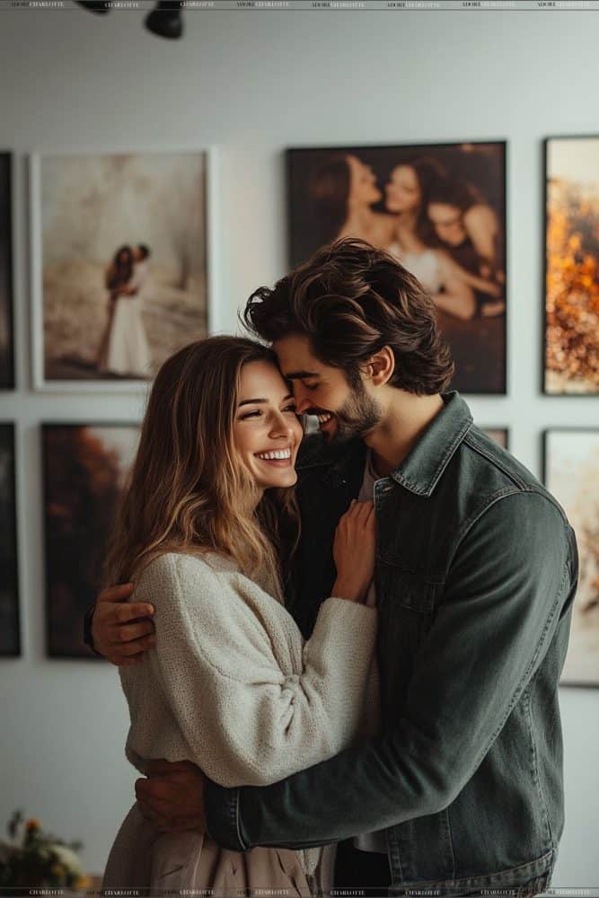 An engaged couple looking at wedding photos.