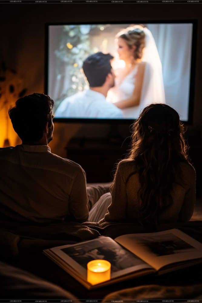 A couple enjoying their wedding video and images.