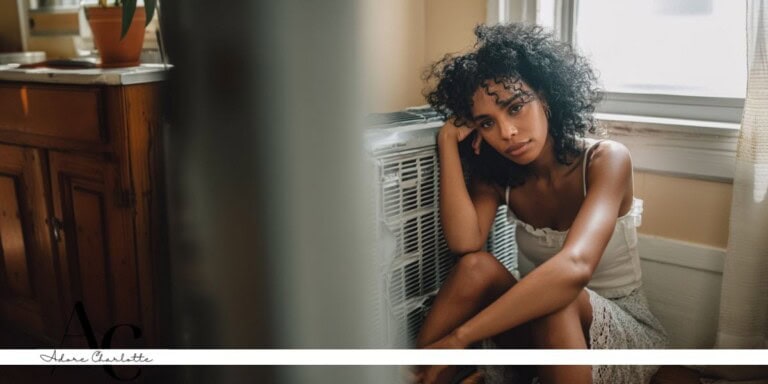Air Conditioning System Faults woman sitting next to a broken unit.