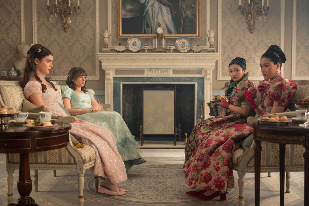Florence Hunt as Hyacinth Bridgerton, Claudia Jessie as Eloise Bridgerton, Michelle Mao as Rosamund Li, and Isabella Wei as Posy Li in Bridgerton Season 4.