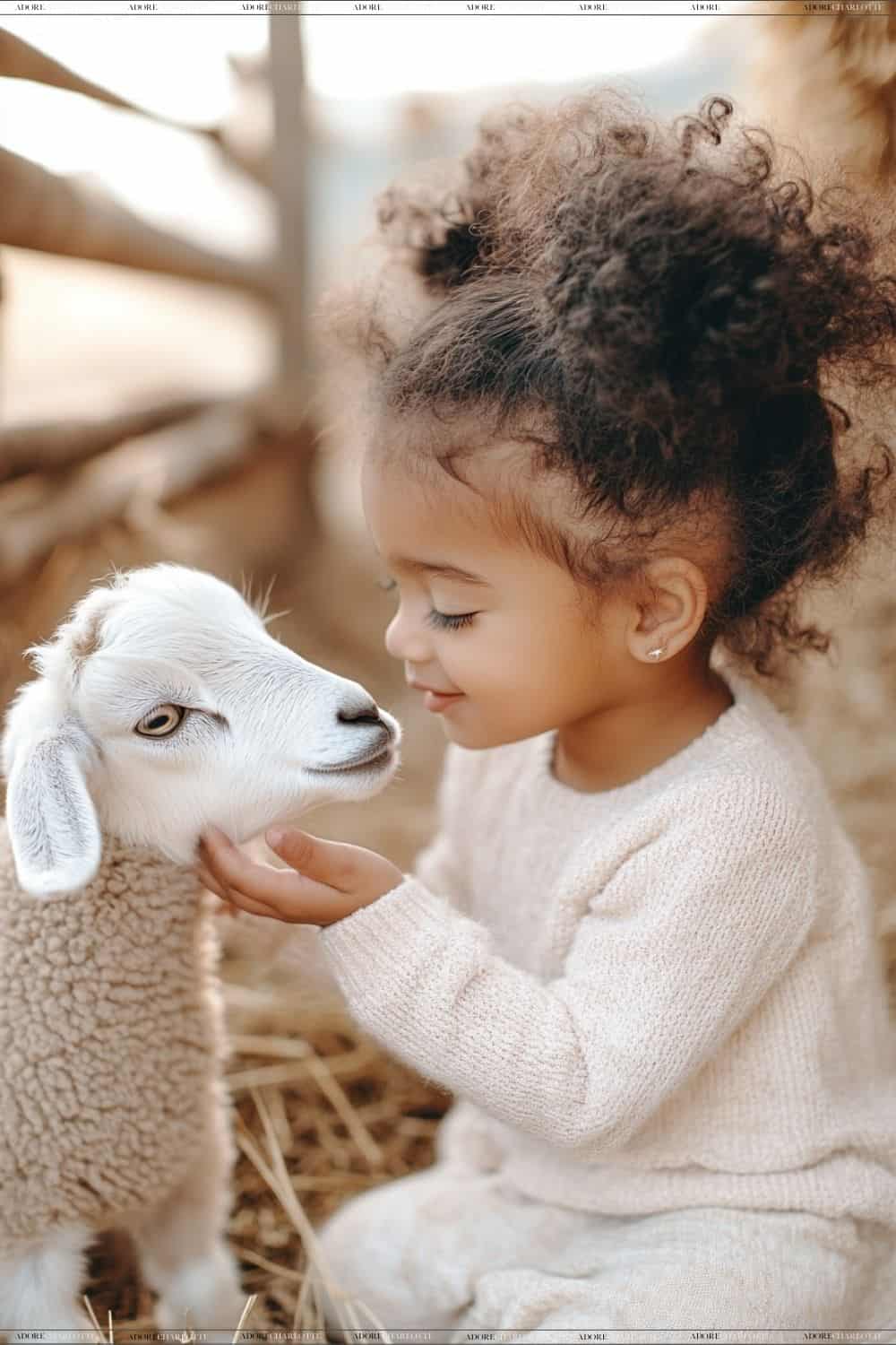 A toddler petting a baby animal at a farm.