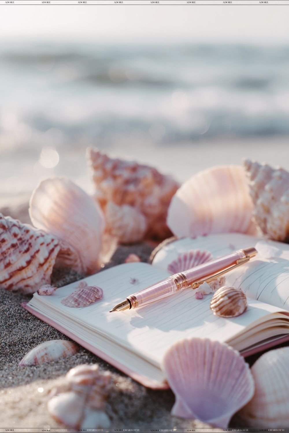 Inspirational Quotes a journal book on the shore with sea shells.