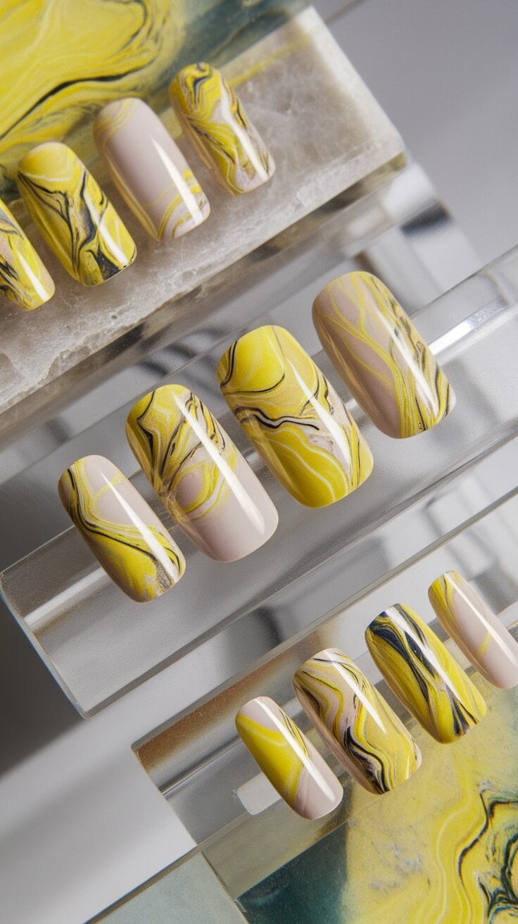 Nail designs featuring abstract yellow swirls with soft pastel colors.