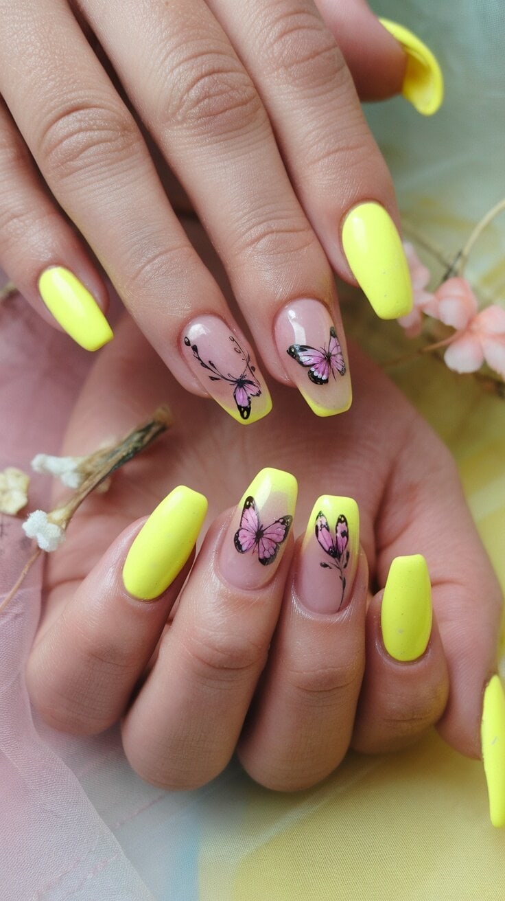 Nail design featuring yellow nails with butterfly and floral art