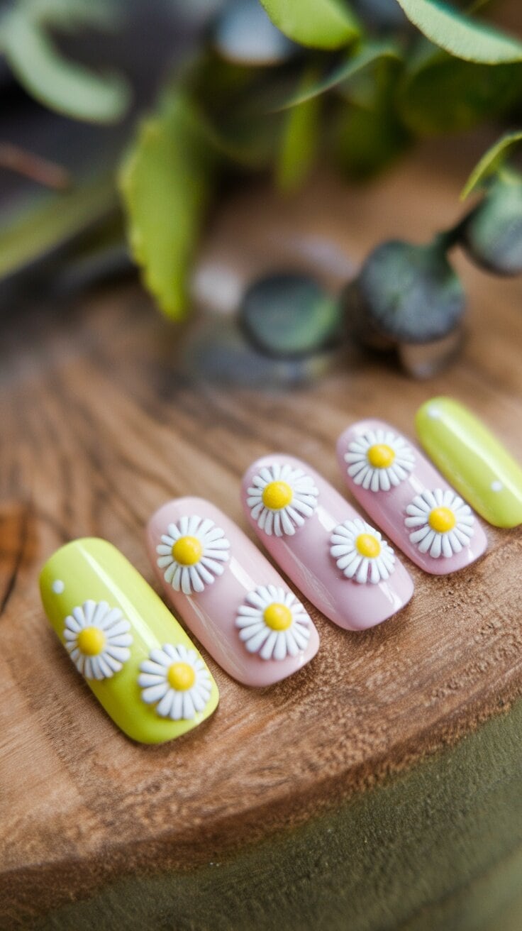 A set of nails featuring daisy designs on colorful backgrounds