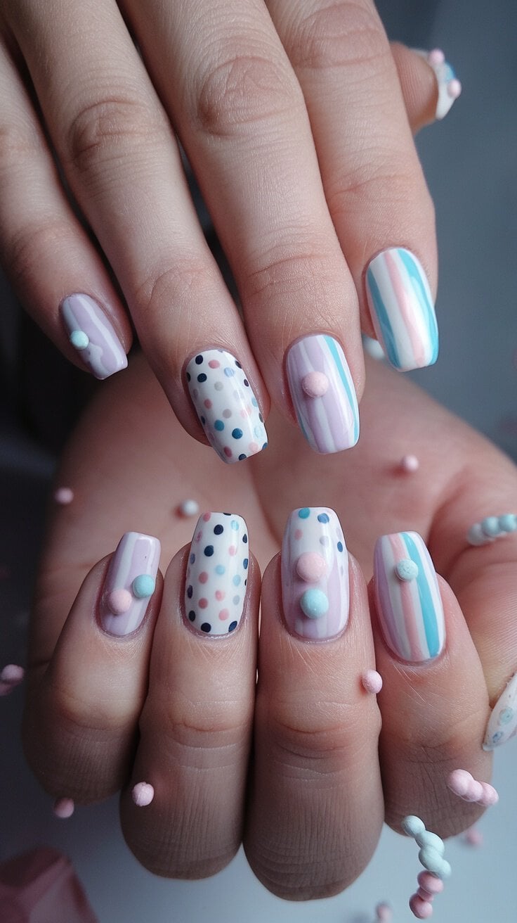 Nails featuring delicate polka dots and stripes in pastel colors with a white base and playful accents.