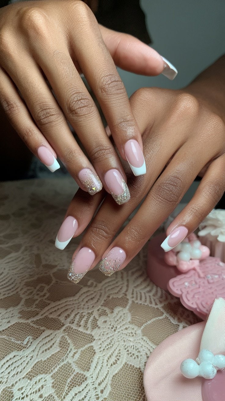 Elegant French tips with glitter on nails, featuring a mix of pink and white colors