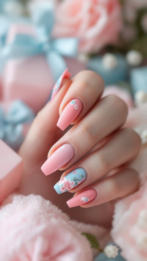 A collection of beautifully designed nails featuring floral accents in baby blue and pink shades, perfect for a baby shower theme.