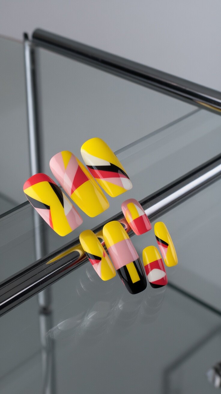 Bright yellow nails with geometric patterns featuring red and black designs