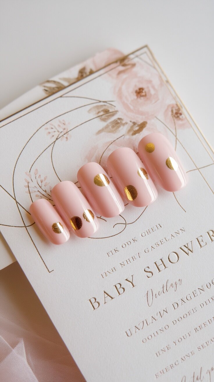 Nails with a soft pink base and gold foil dots displayed on a baby shower invitation