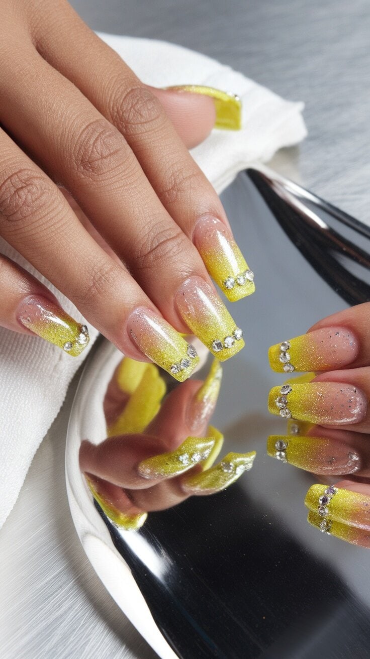 Close-up of hands with golden yellow glitter fade nails featuring rhinestones.