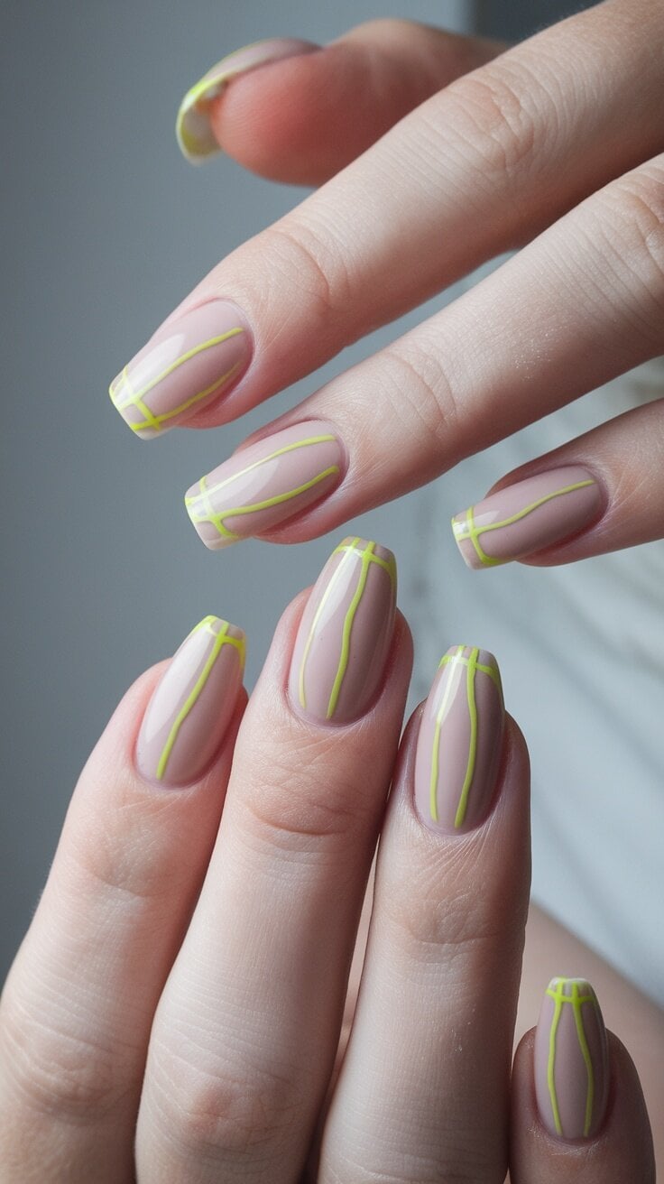 A close-up of short stiletto nails with a nude base and minimalist yellow lines