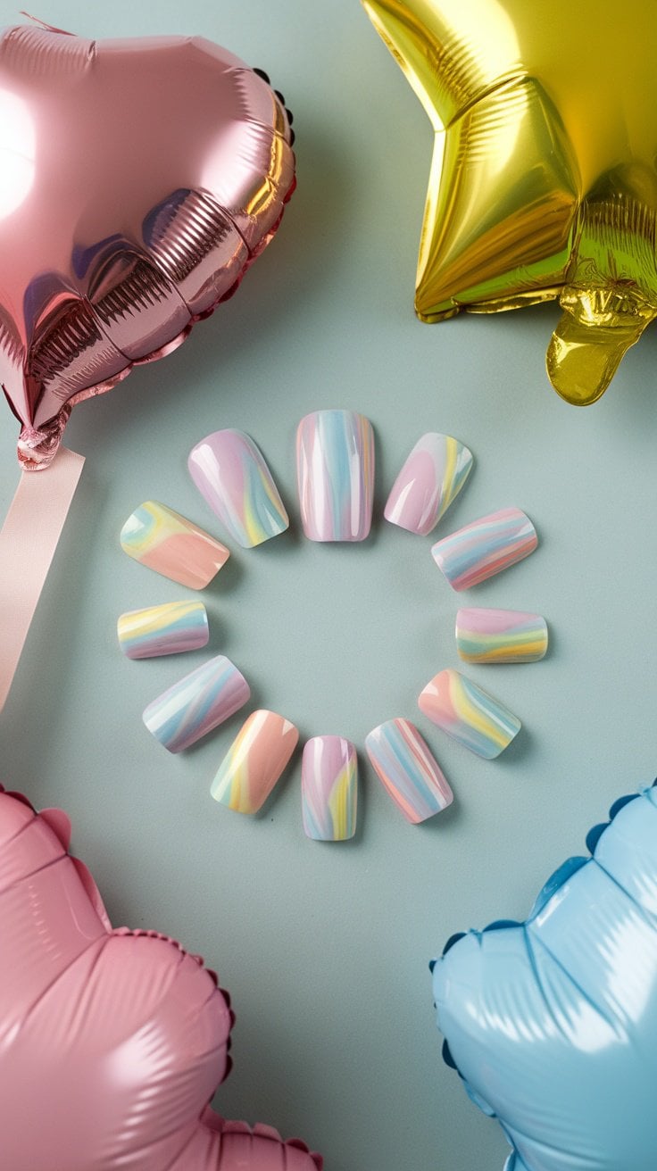 Colorful pastel swirled nails arranged in a circle with pink and gold balloons