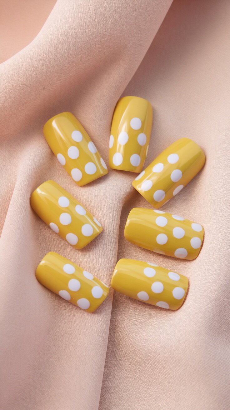 Bright yellow nails with white polka dots displayed on a soft pink fabric.